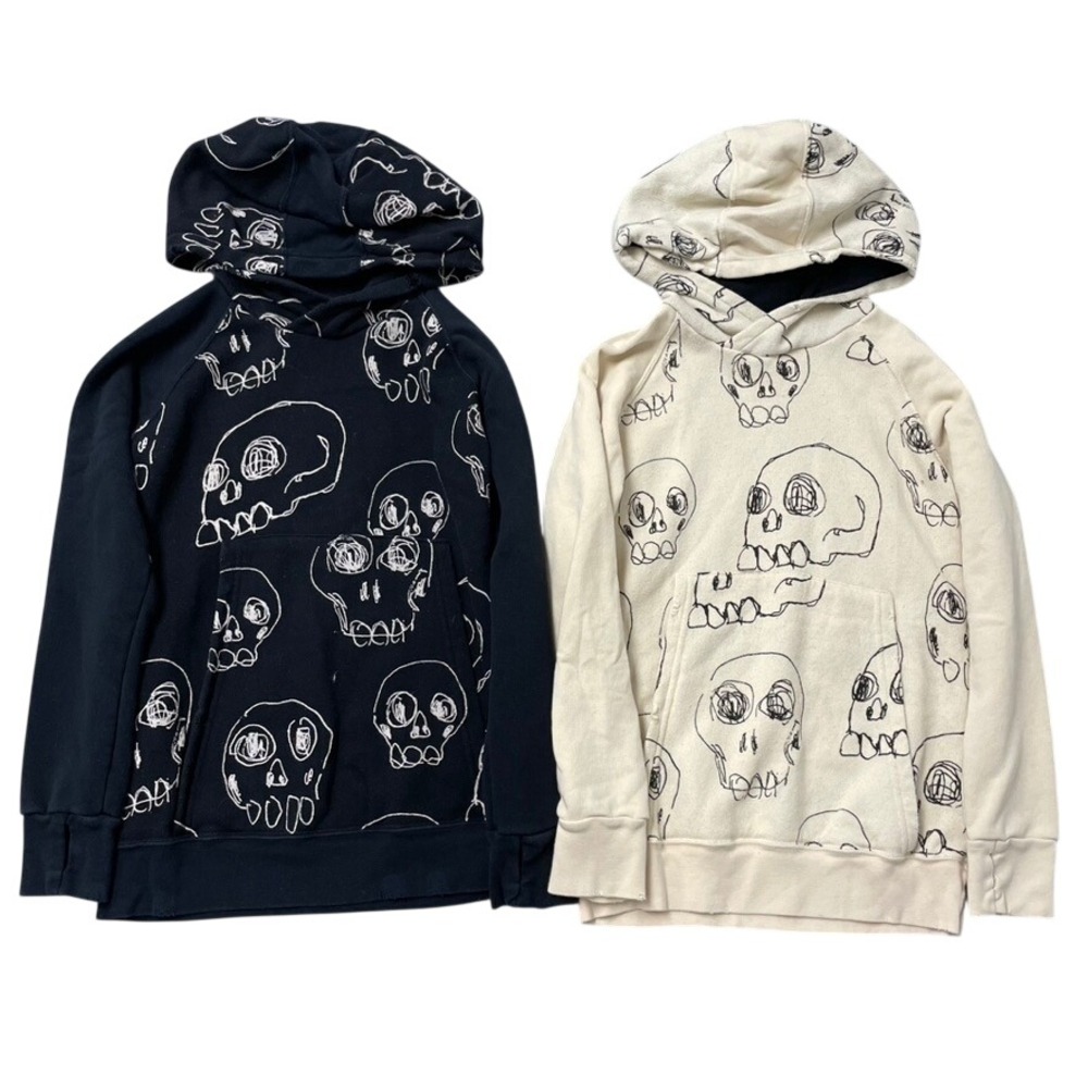 Nununu Hoodie Bundle Unisex 8-9 Kids Black Cream Skull Print Pullover Sweatshirt